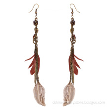 Long Feather Earrings With Peace Charms Pendant Earrings